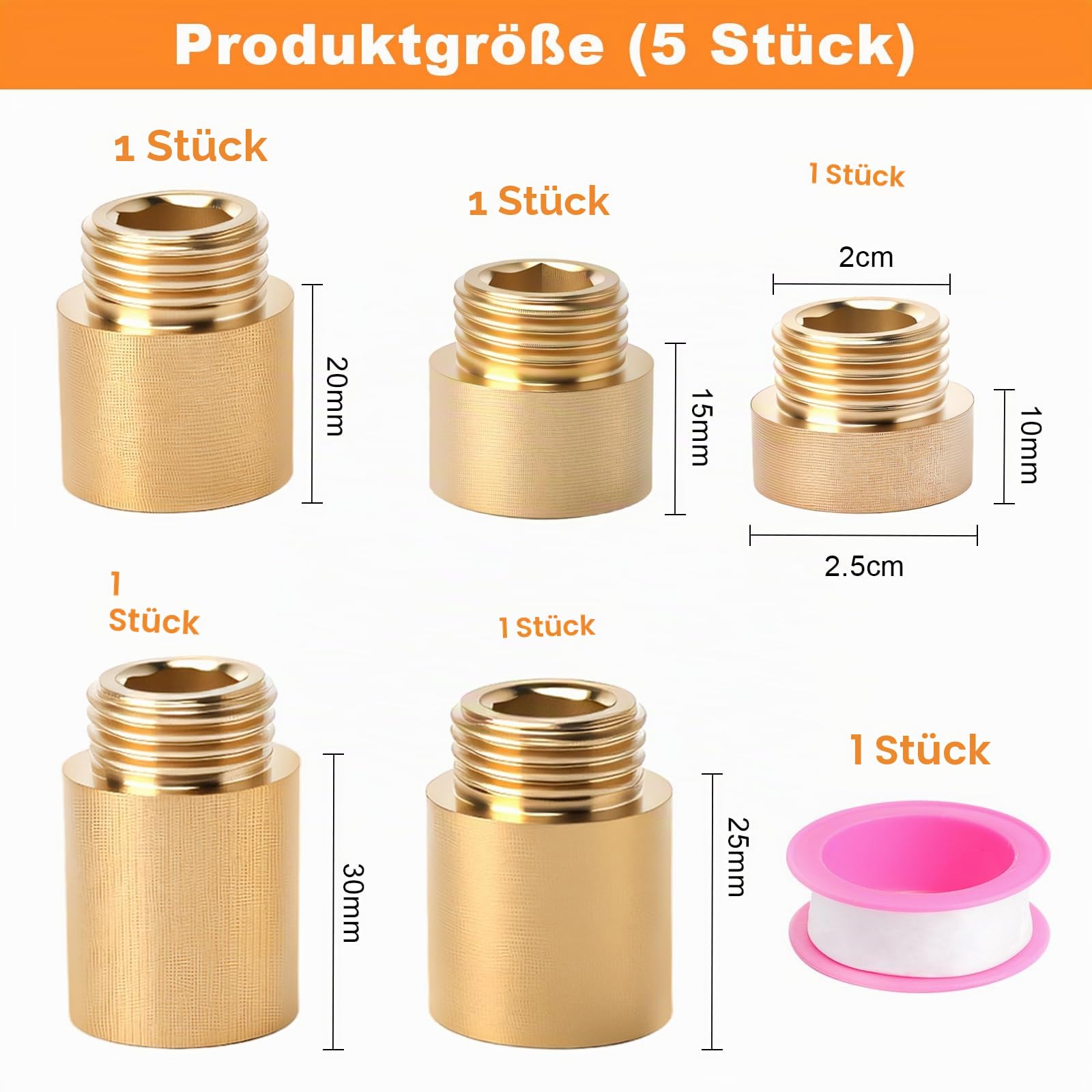 5 Stück Hahnverlängerung 1/2 Zoll, Messing Hahnverlängerung, 1/2 Zoll Verlängerung X10mm/15mm/20mm/25mm/30mm, für Wasserhähne, Trinkwasser und Heizung Installation mit Rohmaterialband
