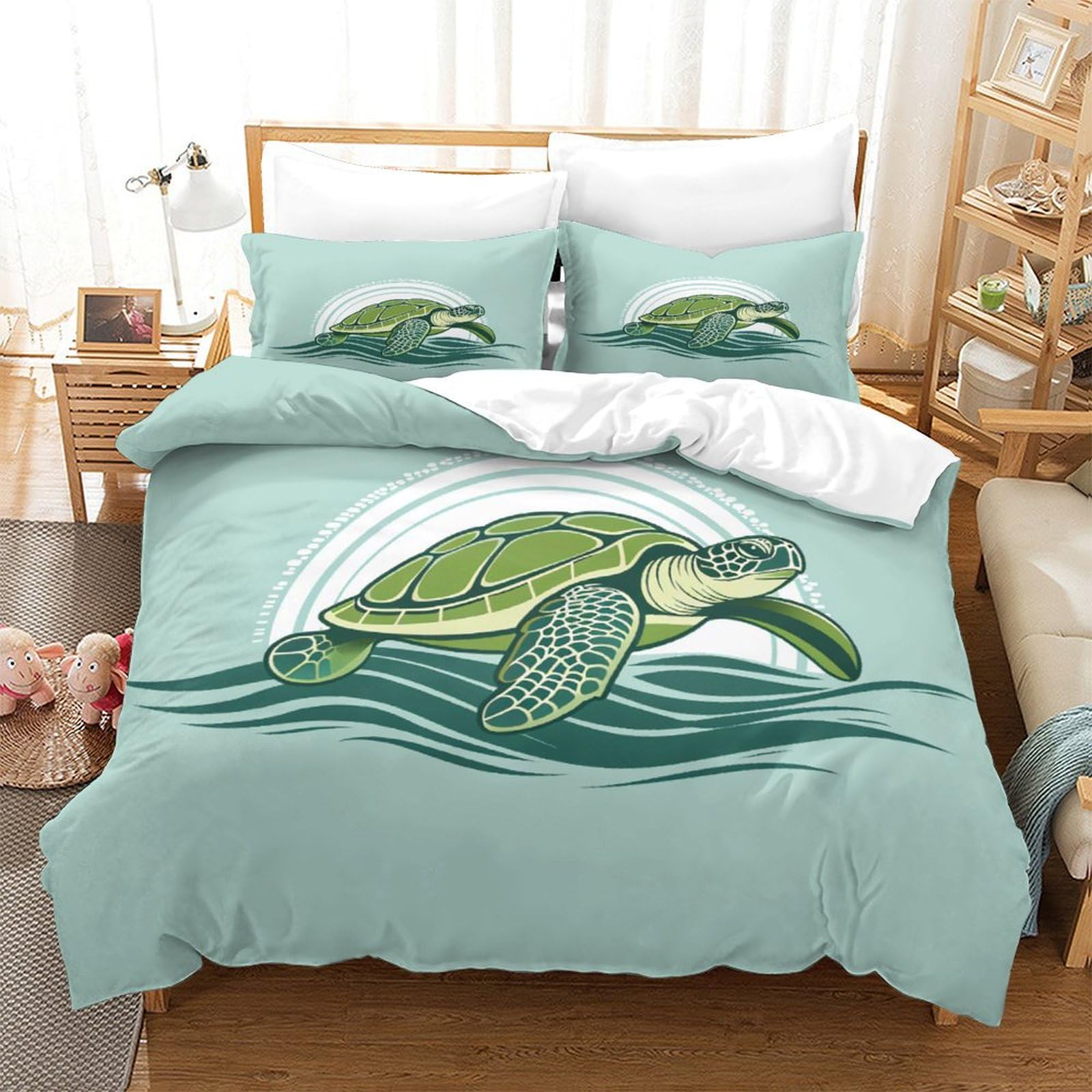 Housse de couette tortue marine 3D parure de lit microfibre 3 pièces Super King