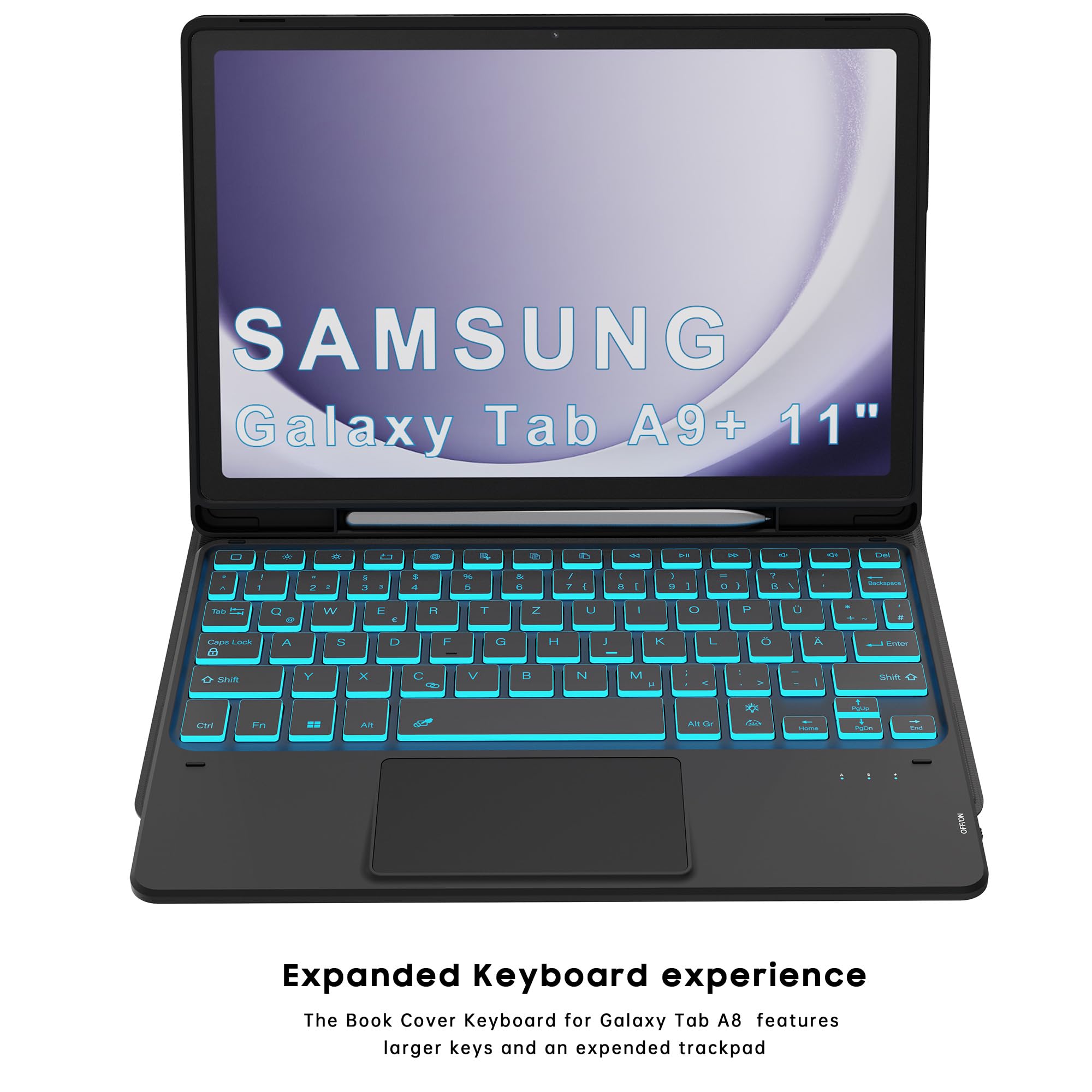 Für Galaxy Tab A9+/A11+ Hülle mit Tastatur - 7 Farben Beleuchtung Abnehmbare Trackpad Tablet Cover - Beleuchtete Deutsches QWERTZ Layout Tastatur mit Stifthalter für Samsung Tab A9 Plus/A11 Plus 11"