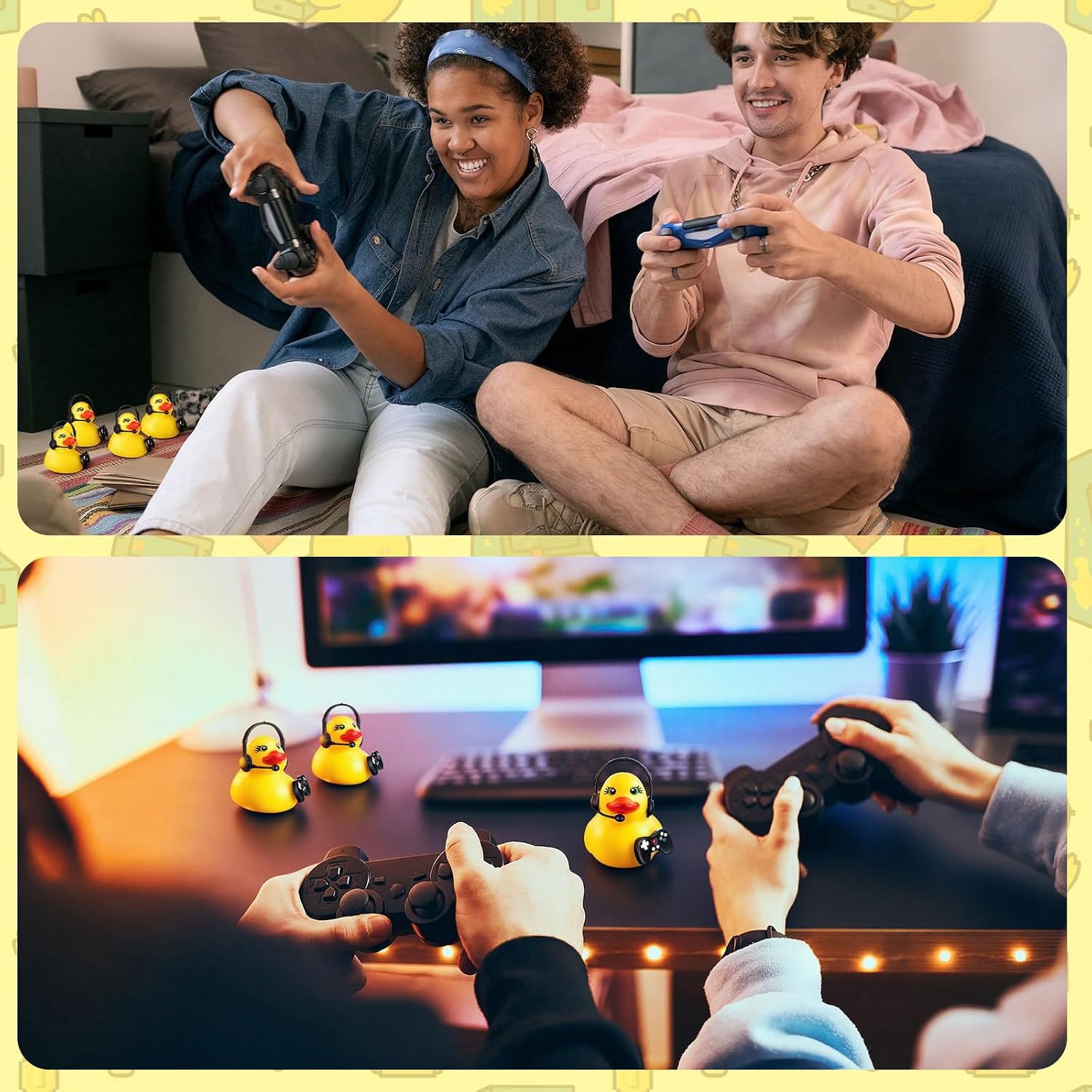 Hoteam 24 Pcs 2 Inch Rubber Ducks Bulk DIY Small Game Ducks Yellow Floater Duck Toy Assortment with Plastic Black Headsets and Game Console Accessories for Birthdays Gifts Party Favors, Bath, Pool