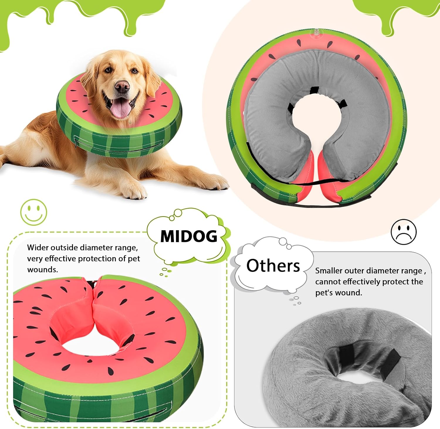 midog soft inflatable dog cone, donut e-collar alternative for after surgery, prevents licking, allowing normal eating & vision, comfortable recovery collar for small medium large dogs & cats, red-xl watermelon xl(neck:21"-24")