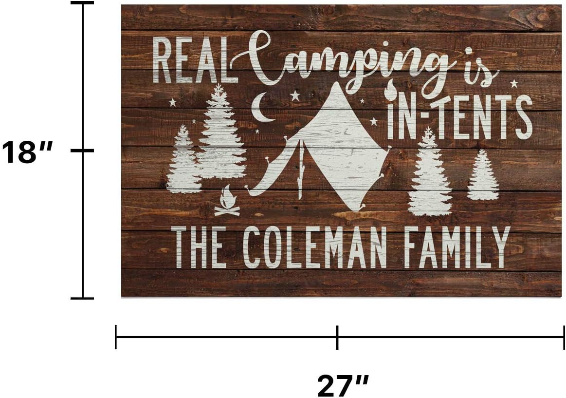 Personalized Planet Real Camping is in Tents Doormat with Custom Family Name Printed on Brown Rectangular 1/8” Thick Non Slip Mat for RV Campsite Deck or Porch, 27x18