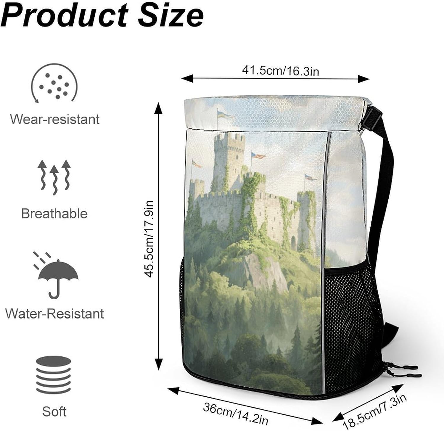 Small Gym Bag Ancient Castle Printed Drawstring Gym Bag for Men Lightweight Waterproof Drawstring Backpack for Women with Shoe Compartment for Travel Tourism Work And Fitness