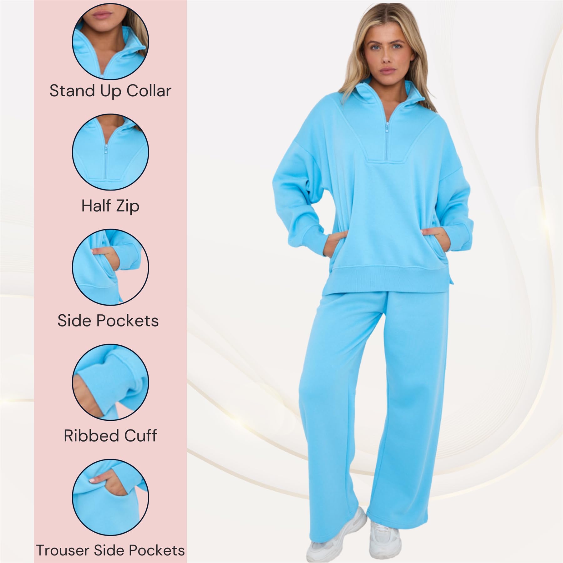Set di tuta da donna, felpa da donna in pile con mezza zip e pantaloni da jogging da donna, a maniche lunghe, pantaloni a gamba larga, set da palestra da donna, set da palestra in pile