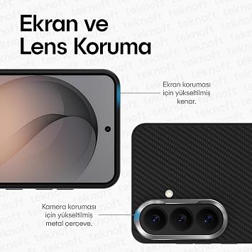 Teknoft Samsung Galaxy S26 için Karbon Serisi Şok Emici Ultra Güçlü Metalik Tuşlu ve Lens Çerçeveli Darbe Emici Karbon Fiber Görünümlü Silikon Kılıf (Siyah, Galaxy S26)