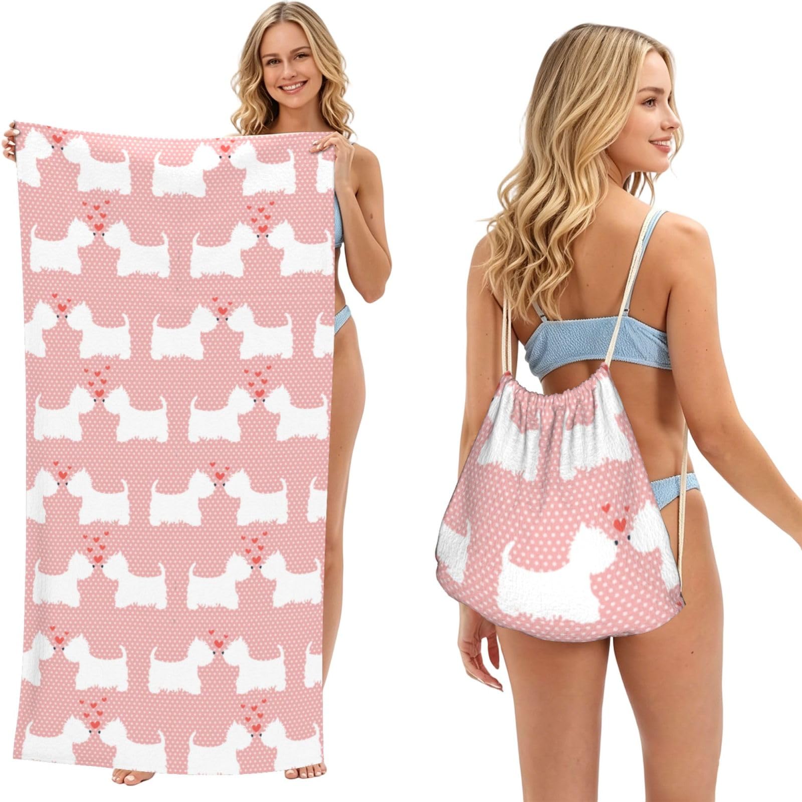 Poadnly As Picture Westie Dogs Pattern, 2 In 1 Packable Towel Bag, Beach Towels With Drawstring Backpack For Travel Holiday Camping