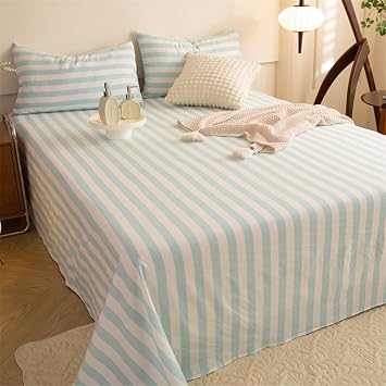 Polyester Flat Bed Sheets Queen Blue, Stripe Flat Bed Sheet, 79"x91"