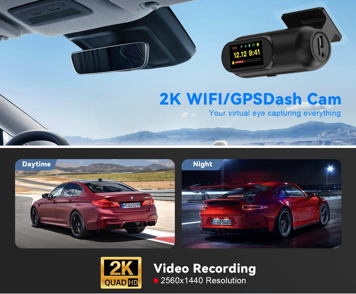 Penemay 2K Dash Cam Front Dash Camera for Cars with 32GB Card, WiFi Mini Car Camera Dashcam with App, 360° Rotatable Bracket, 24/7 Parking Monitor, G-Sensor, Loop Recording, Black