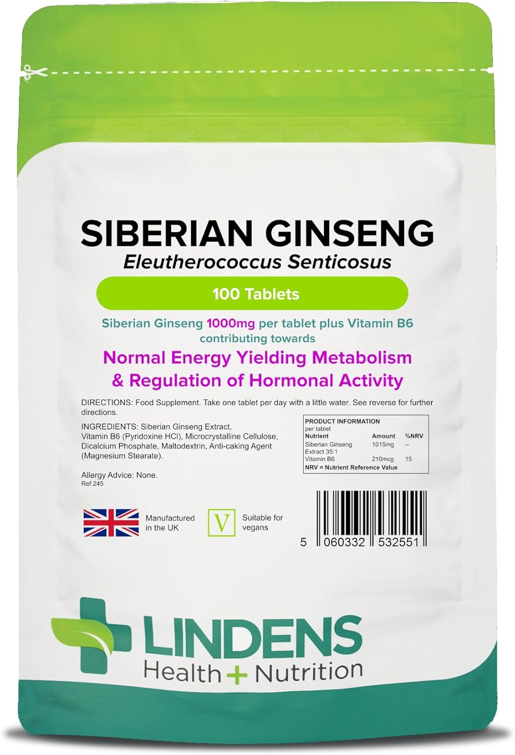 Lindens – Siberian Ginseng 1000mg – 100 Tablets – UK Made – High Potent Extract, for Normal Energy Yielding Metabolism & Regulation of Hormonal Activity – Letterbox Friendly, Vegan