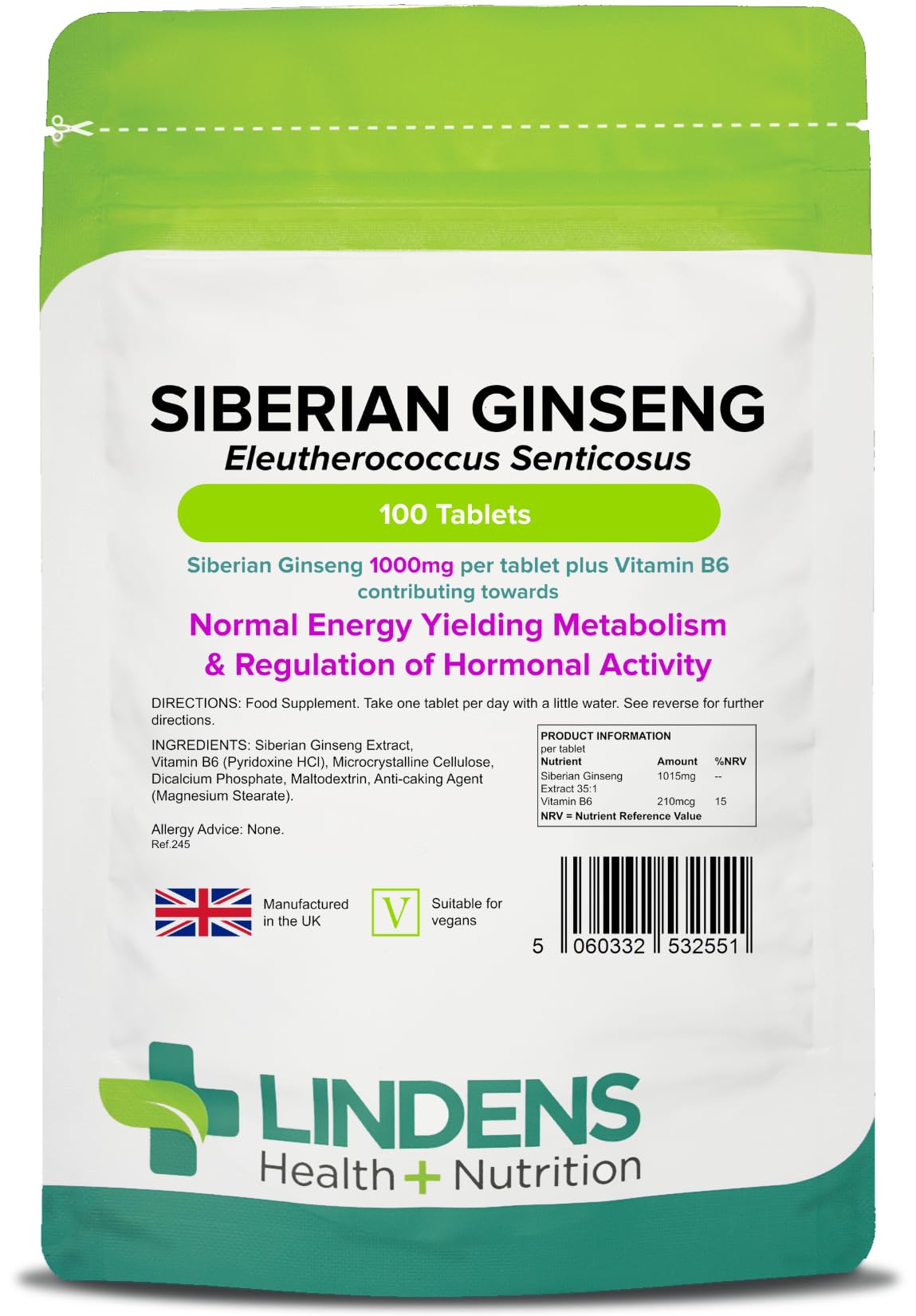 Siberian Ginseng 1000mg - 100 Tablets - UK Made - High Potent Extract, for Normal Energy Yielding Metabolism & Regulation of Hormonal Activity - Letterbox Friendly, Vegan