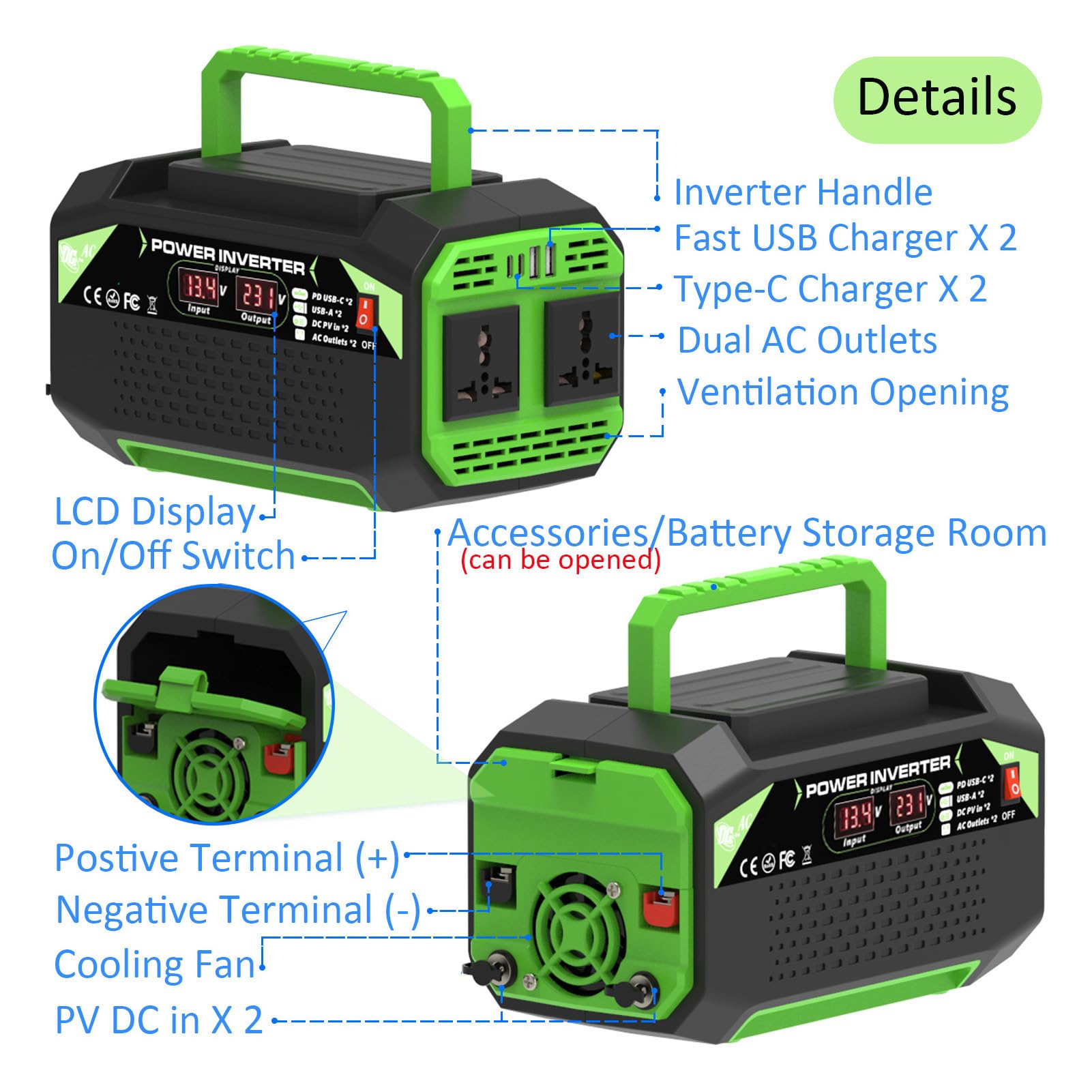 WW 300W Inverter a onda sinusoidale modificata da 12V a Inverter solare per auto con doppia presa USB universale Display LCD per campeggio esterno EEE