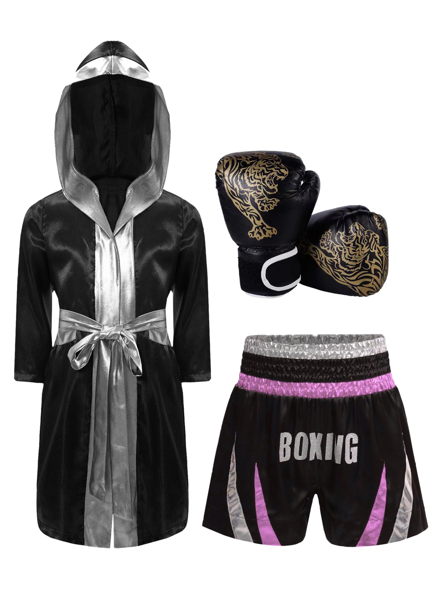 JIZYO Kids Boys 3pcs Boxing Training Costume Satin Hooded Boxing Robes with Color Block Shorts Gloves Set Pink&Silver 13-14 Years