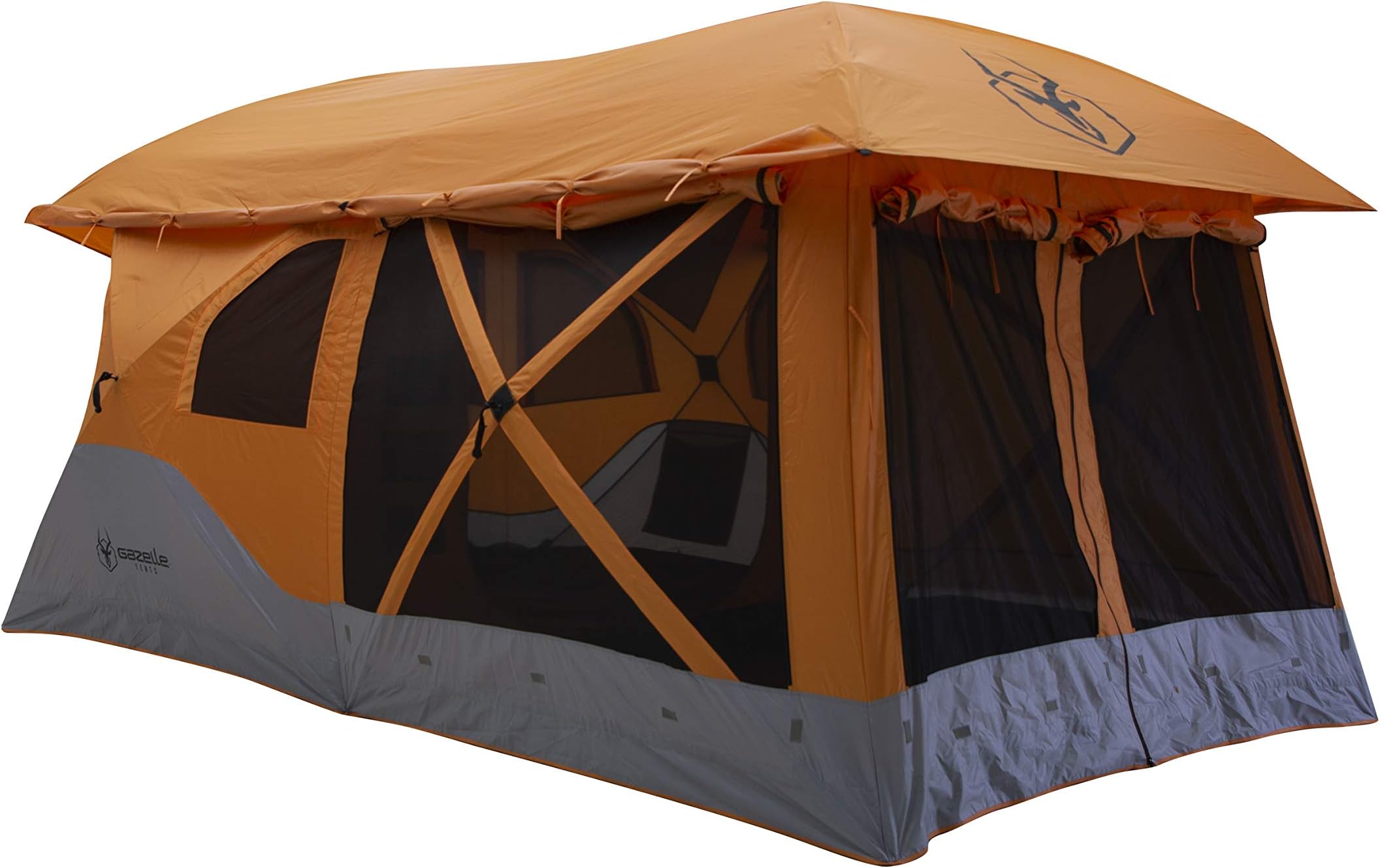 Gazelle TentsT4 Plus Hub Tent, Easy 90 Second Set-Up, Waterproof, UV Resistant, Convertible Screen Room, Removable Floor, Ample Storage Options, 4-8 Person, Sunset Orange, 78" x 94" x 165", GT450SS