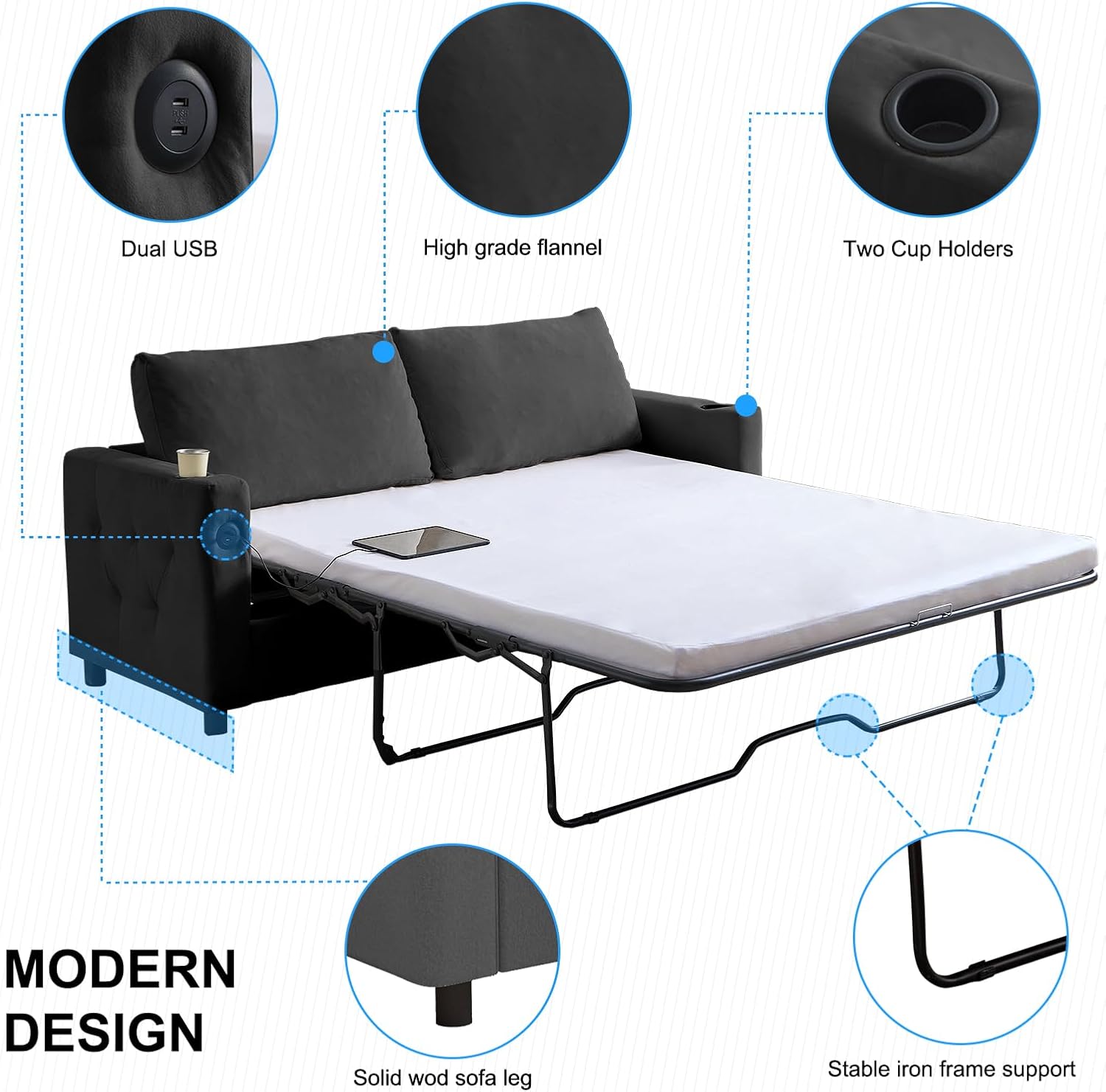 PUREMIND Full Size Pull Out Couch, 61" Velvet Pull Out Sofa Bed with Folding Foam Mattress, 2-in-1 Sleeper Loveseat with USB & Cup Holders, Pull Out Bed for Living Room, Small Spaces Dark Grey