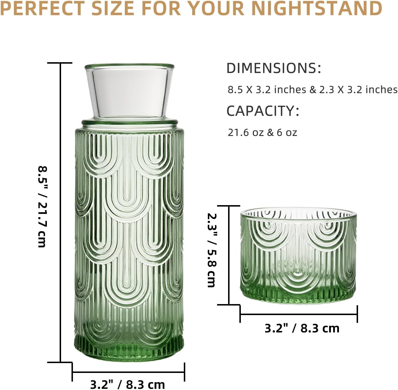 Bedside Water Carafe and Glass Set, 21.6 Oz Glass Mouthwash Dispenser Container for Bathroom, Water Carafe with Cup for Nightstand, Kitchen (Green)