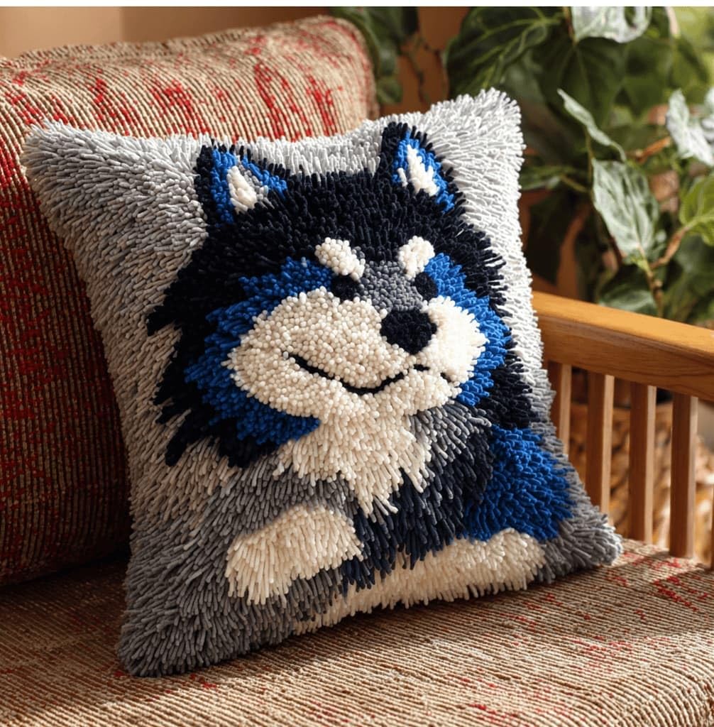 AxiangziK Latch Hook Pillow Kit for Adults,Wolf 17X17In Latch Hook Kit for Pillow Cover with Instruction for Beginner Cross Stitch Sofa Cushion Cover with Crochet Yarn for Beginners and Home Decor