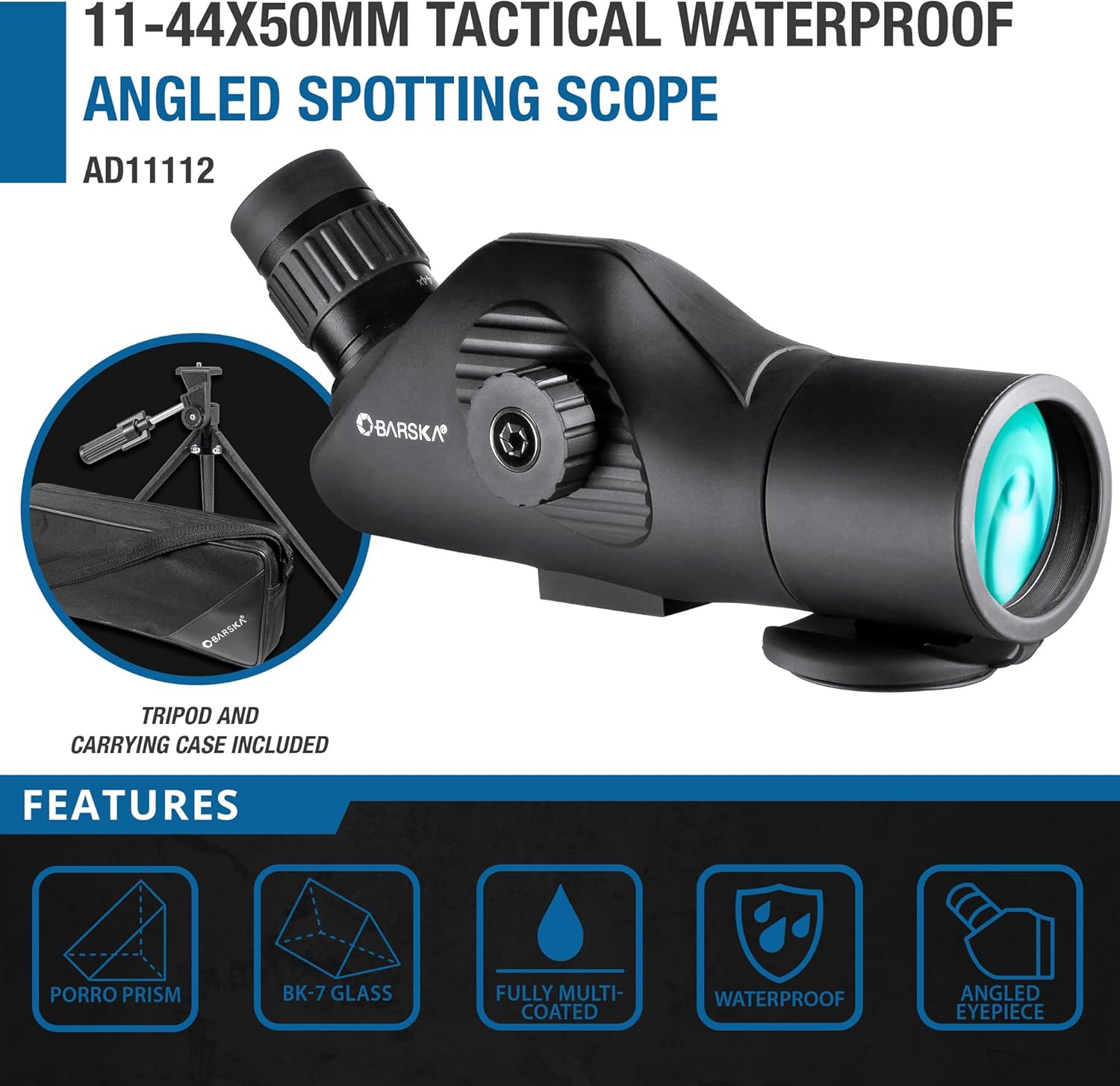 BARSKA Tactical 11-44x50 Angled Spotting Scope with Tripod And Soft Carrying Case , Black