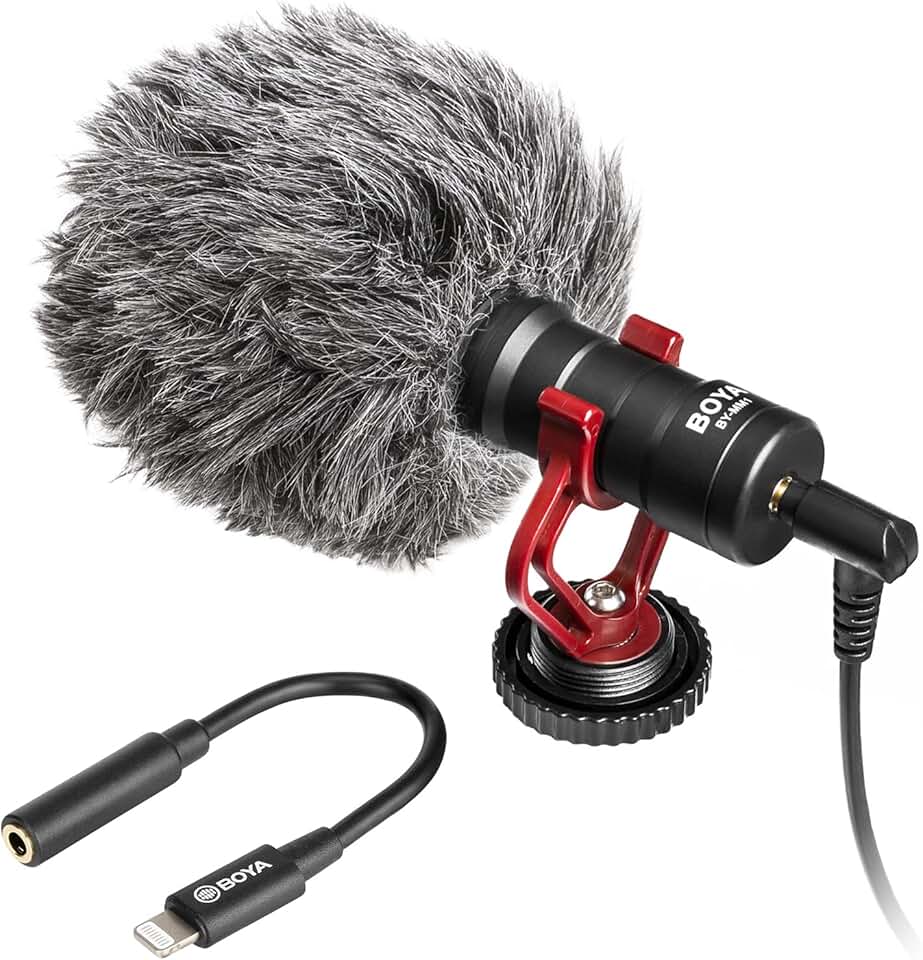 BOYA Microfone espingarda para câmera by-MM1 com dongle Lightning para iPhone, câmera de vídeo, para iPhone, iPad, DSLR, gravação de vídeo, Vlog, podcast, streaming