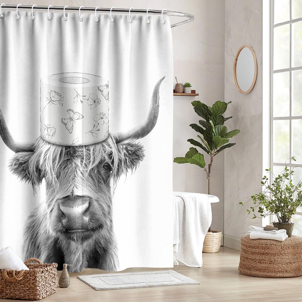 Fchen art Funny Rustic Farmhouse Shower Curtain Highland Cow Head On a Tissue Shower Curtain Black Rustic Cattle Bull Western Wild Animal Country Farmhouse Funny Cabin Bathroom Decor
