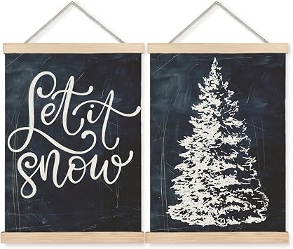 BearCake Navy Blue Christmas Wall Art Poster Hanger Frame, Coastal Christmas Decor, Minimalist Snow Xmas Tree Holiday Winter Wall Decor for Home Party Gallery, 12x16 Inch Set of 2