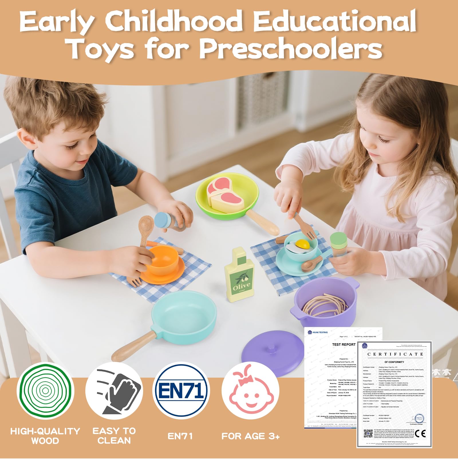 FMSKS 21 Pezzi Accessori Cucina Set in Legno, Giochi Cucina Bambini, Pentole e Padelle Giocattolo, Giocattolo Educativo Montessori, Stoviglie Giocattolo Legno, Regalo per Bambini di Tutte le Età