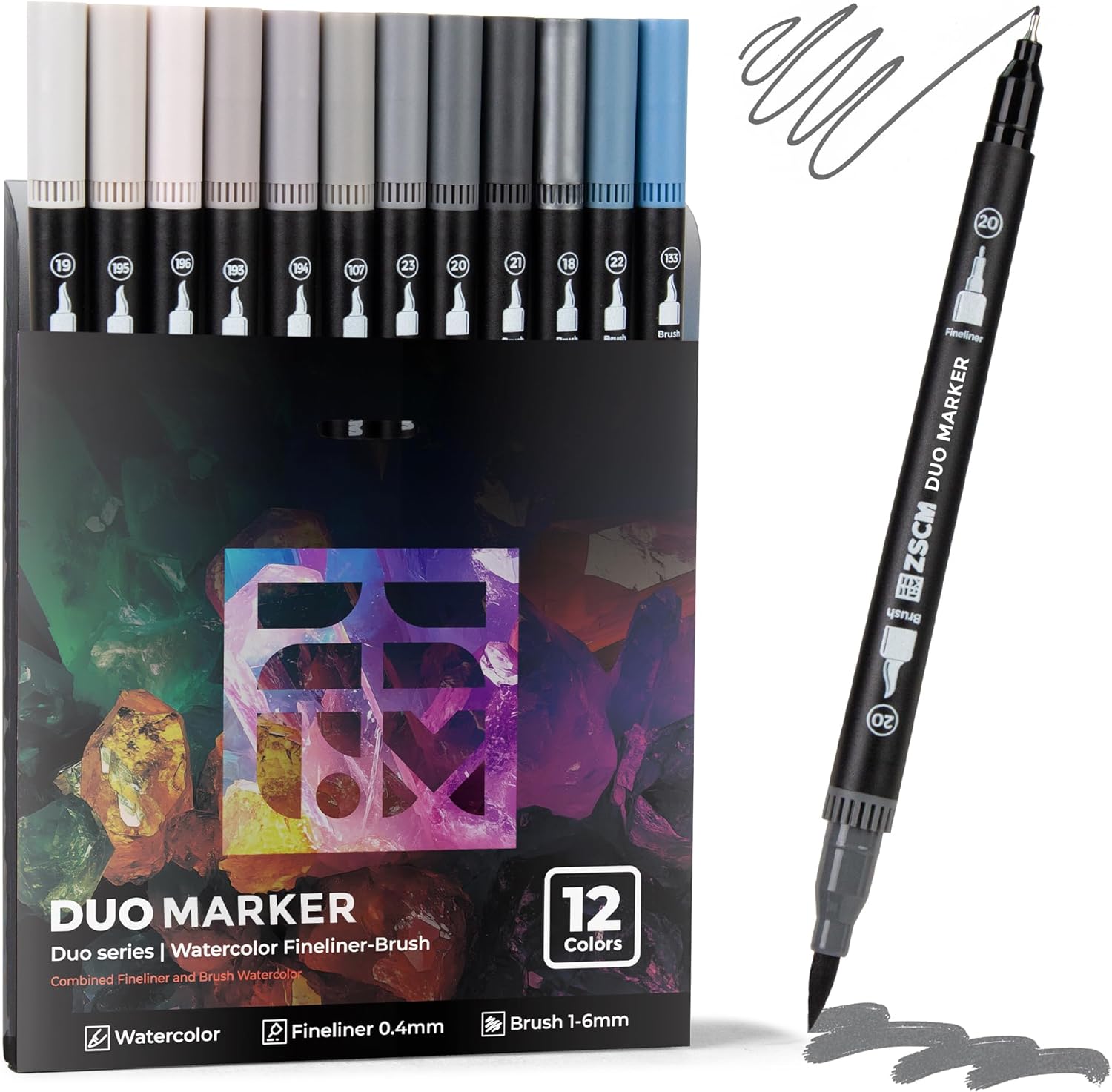 Gray Duo Tip Marker Pens, 12 Pack Fine & Brush Markers for Adult Coloring Books No Bleeding, Neutral Gray Markers for Shading, Urban Sketches, Architectural Drawings and Realistic Textures