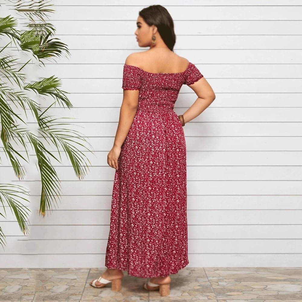 JSEIAJB Off Shoulder Irregular Design Dress Women Split Thigh Floral Dresses