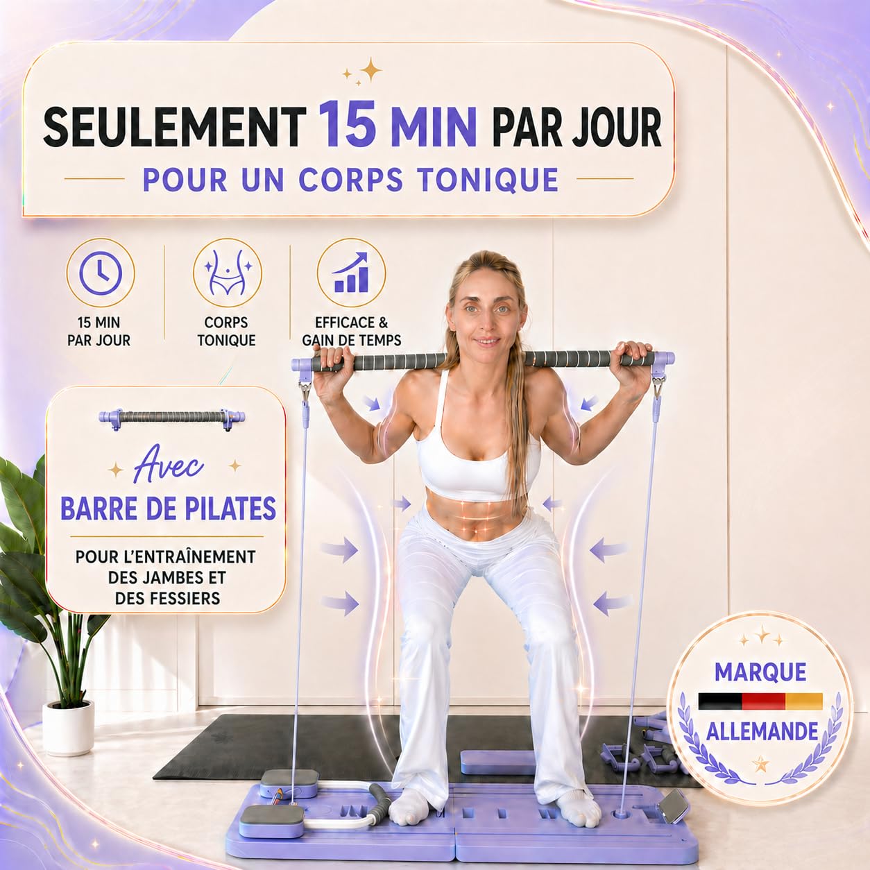 Yosana Planche de Pilates I Reformer pour la maison I Planche de fitness 8 en 1 pliable et portable I Entraîneur abdominal avec coussin pour genoux, bandes de résistance et barre de Pilates I Design