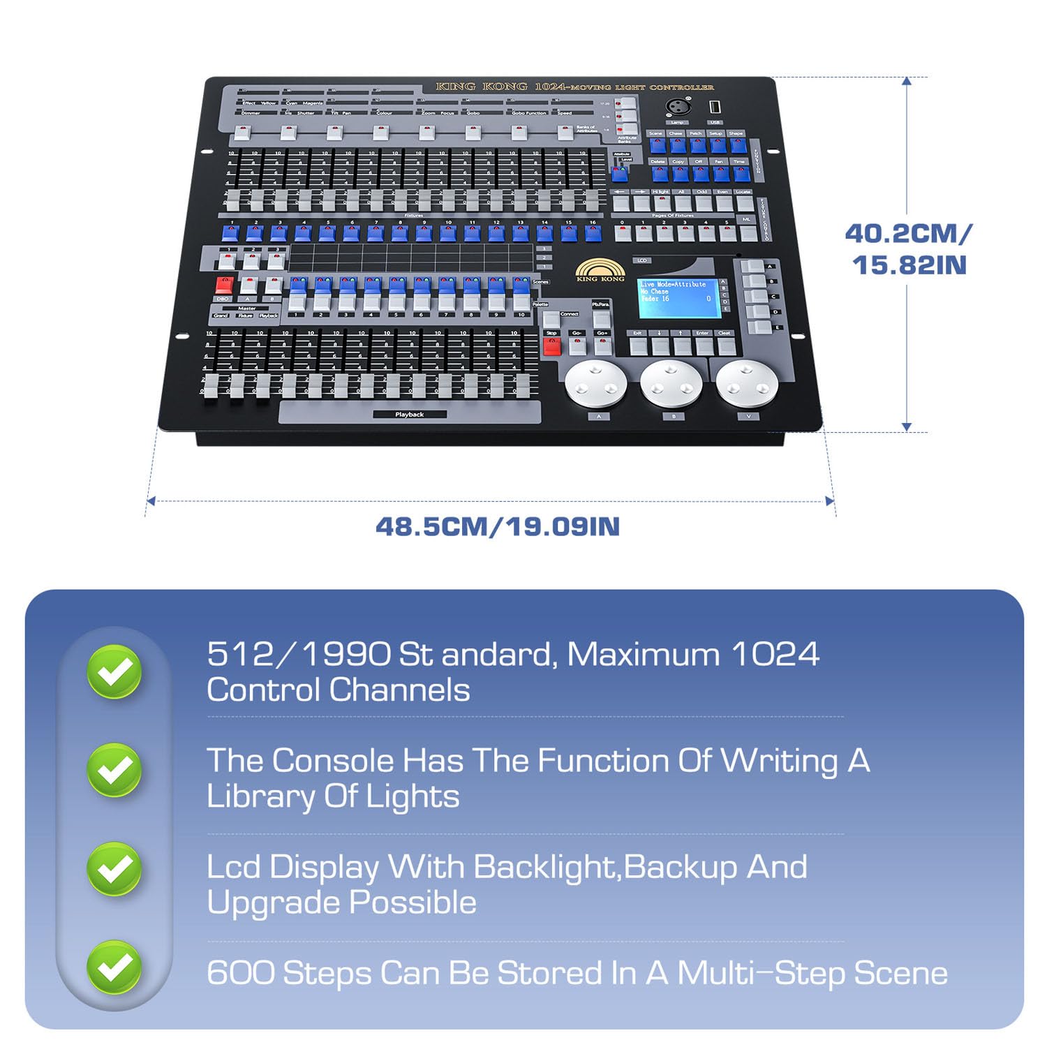 DMX - Controlador de luz, consola de luces de escenario 512, soporte de 60 escenas para 96 accesorios, equipo de DJ para fiestas, espectáculos de música, clubes con estuche de aviación