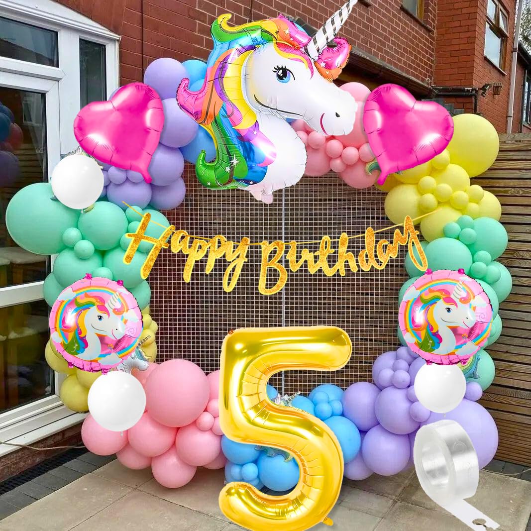 Unicorn theme 5th birthday decoration Kit for kids baby girl for 5 Year with Unicorn Foil Pink Heart Pink Purple Yellow Mint Orange Blue Pastel White Metallic Balloons Banner,58 pcs-image-35