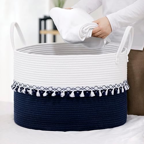 Miniatura 7 de ZuiJia Shenghuo Cesta de juguete de cuerda de algodón XXXL de 21.7 x 13.8 pulgadas, cesta de almacenamiento para manta de lavandería para bebé, cubo