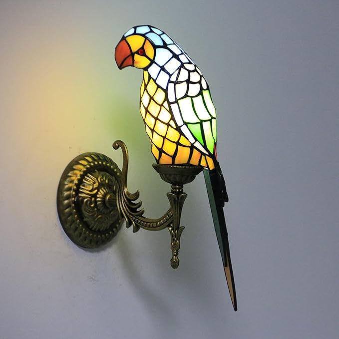 GAUUA Papegaai Lamp Wandlamp, Tiffany Lamp, Long Tail Papegaai Decoratie Wandlamp Fixture, Blauw Geel Rood Gevlekt Glas Lamp Shade Nachtlicht Wandlamp Voor Slaapkamer Hal