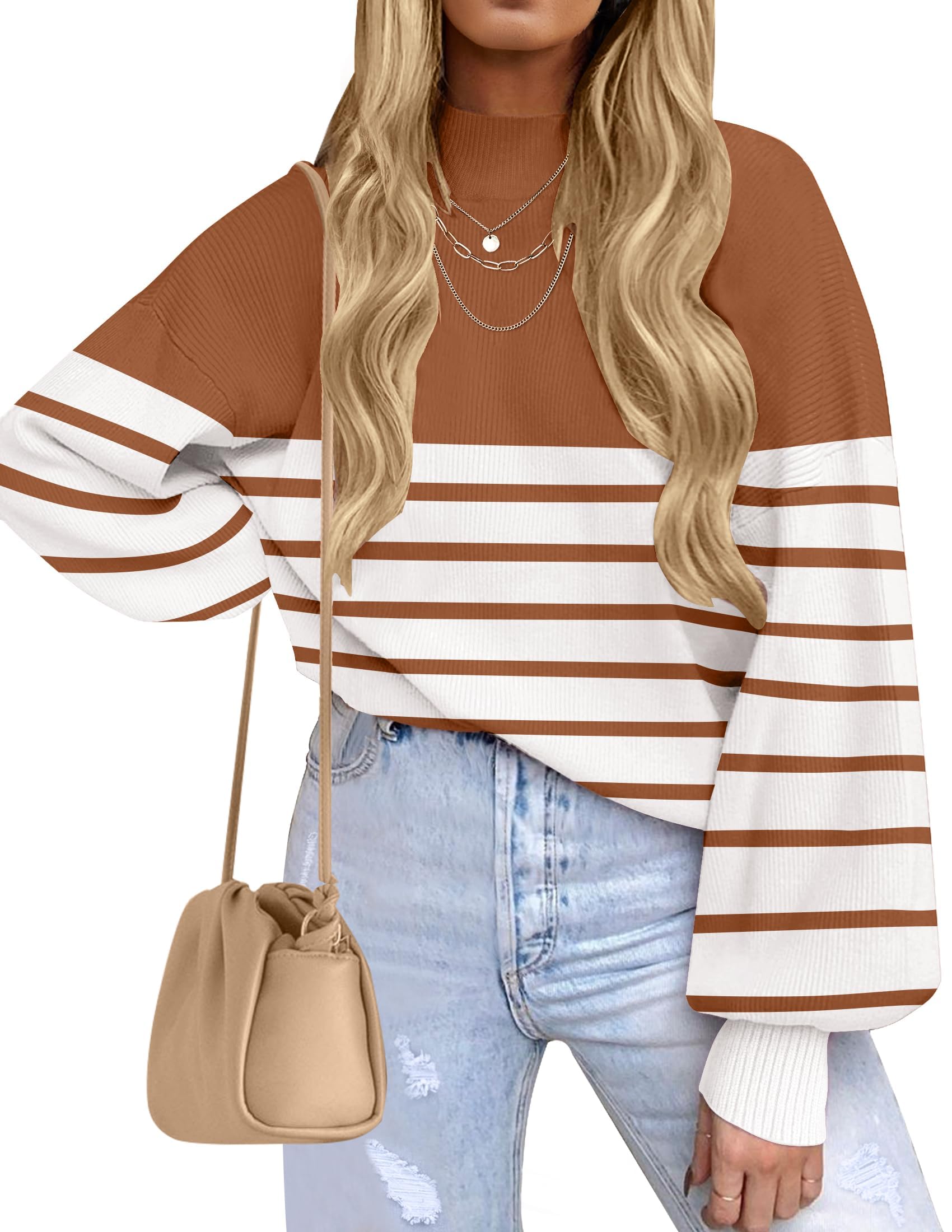 ZESICA Women's 2026 Fall Striped Pullover Sweaters Tops Fashion Outfits | Checkered, Mock Neck, Oversized, Trendy Casual Loose Fit, Cute, Chunky Cozy Holiday Winter Clothes
