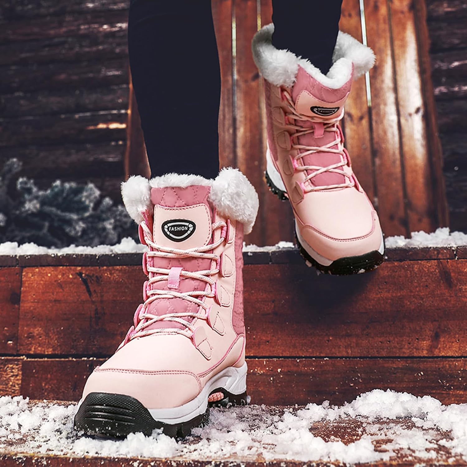 Women's Winter Faux Leather Platform Lace-Up Snow Boots Fashion Round Toe Fur Lined Lug Sole Outdoor Waterproof Non-Slip Mid Calf Warm Boots