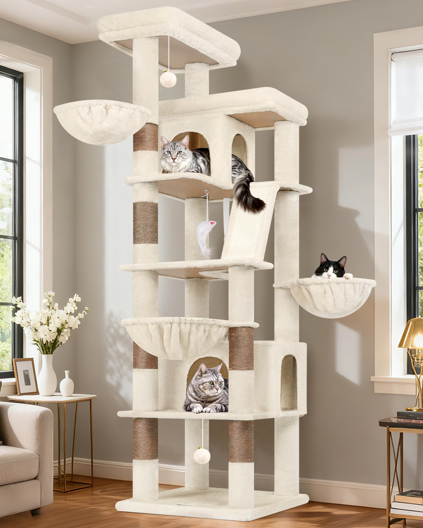 Globlazer Rascador Beige para Gatos Grandes XXL 204 cm con 2 Grande Plataformas Acolchadas 50*30CM, 2 Nidos, 3 Cesta, Tabla Rascar Sisal, Estable Árbol Rascador para Vario Gatos Adultos (S80G, Beige)