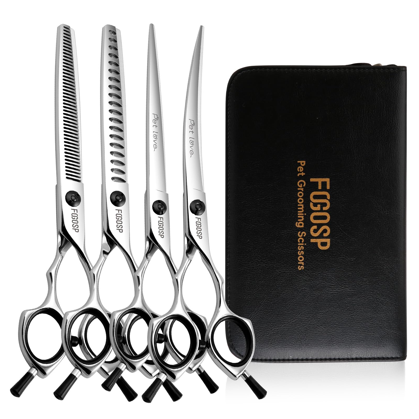 FOGOSP Dog Grooming Scissors Kit 7 in Professional Curved Thinning Straight Chunkers Shears for Grooming Dogs Cat Pet at Home Japanese 440C Stainless Steel(7.0'',Kit)