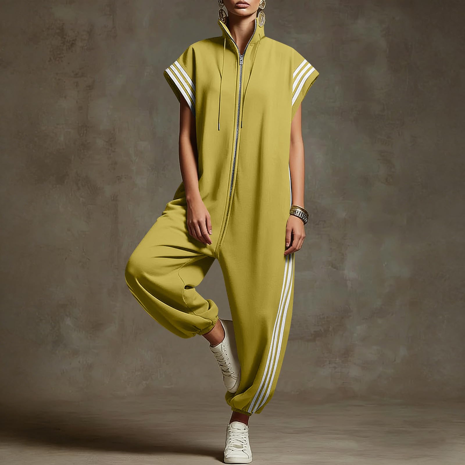 Tute da donna Uk Manica Corta Tutine Allentate Estate Casual Zip Up Salopette da donna Elegante Tutina monopezzo Tuta a gamba larga Pantaloni Joggers Vacanza Streetwear Vacanza Uscire