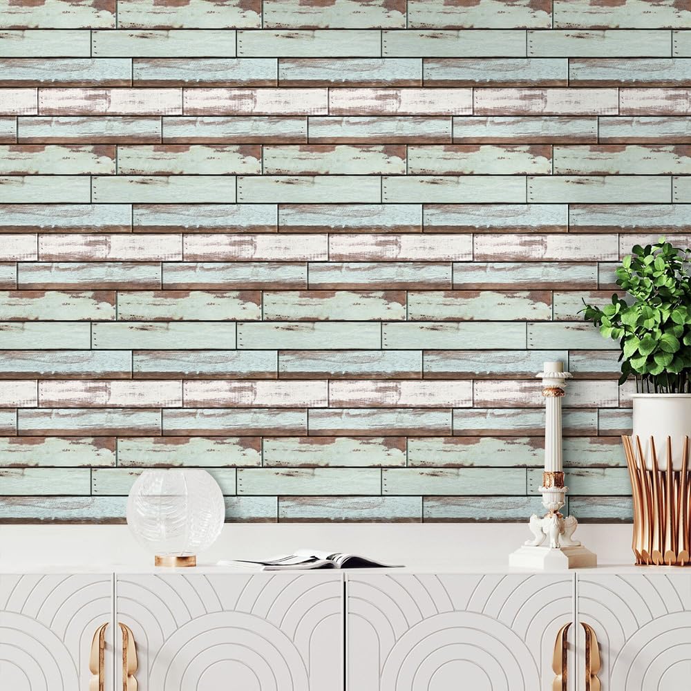 COMSTICKC Pannelli Murali 3d Adesivi Effetto Legno Bianco, 10 Pezzi 30x30 Cm, Pannelli Murali In PVC Legno Per Decorativi Pareti Interne Cucina, Bagno, Soggiorno, Impermeabile, Marrone-verde