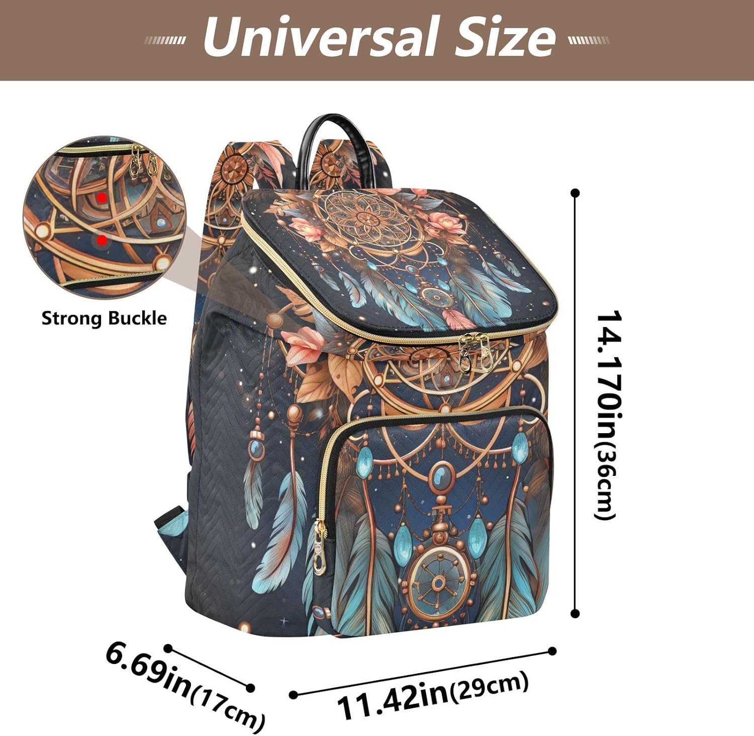 Dreamcatcher Black Floral Quilted Backpack for Women, Fashion Design, Multiple Zipper Pockets & Magnetic Closure, Lightweight Ladies Backpack for Travel Shopping