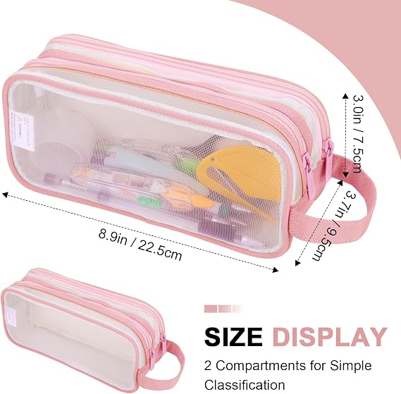 Lancry Clear Pencil Case, Large See Through Pencil Case with 2 Compartments for Boys, Girls & Women, Transparent Mesh Pouch for Stationery, Makeup, Travel & Office Supplies (Pink)