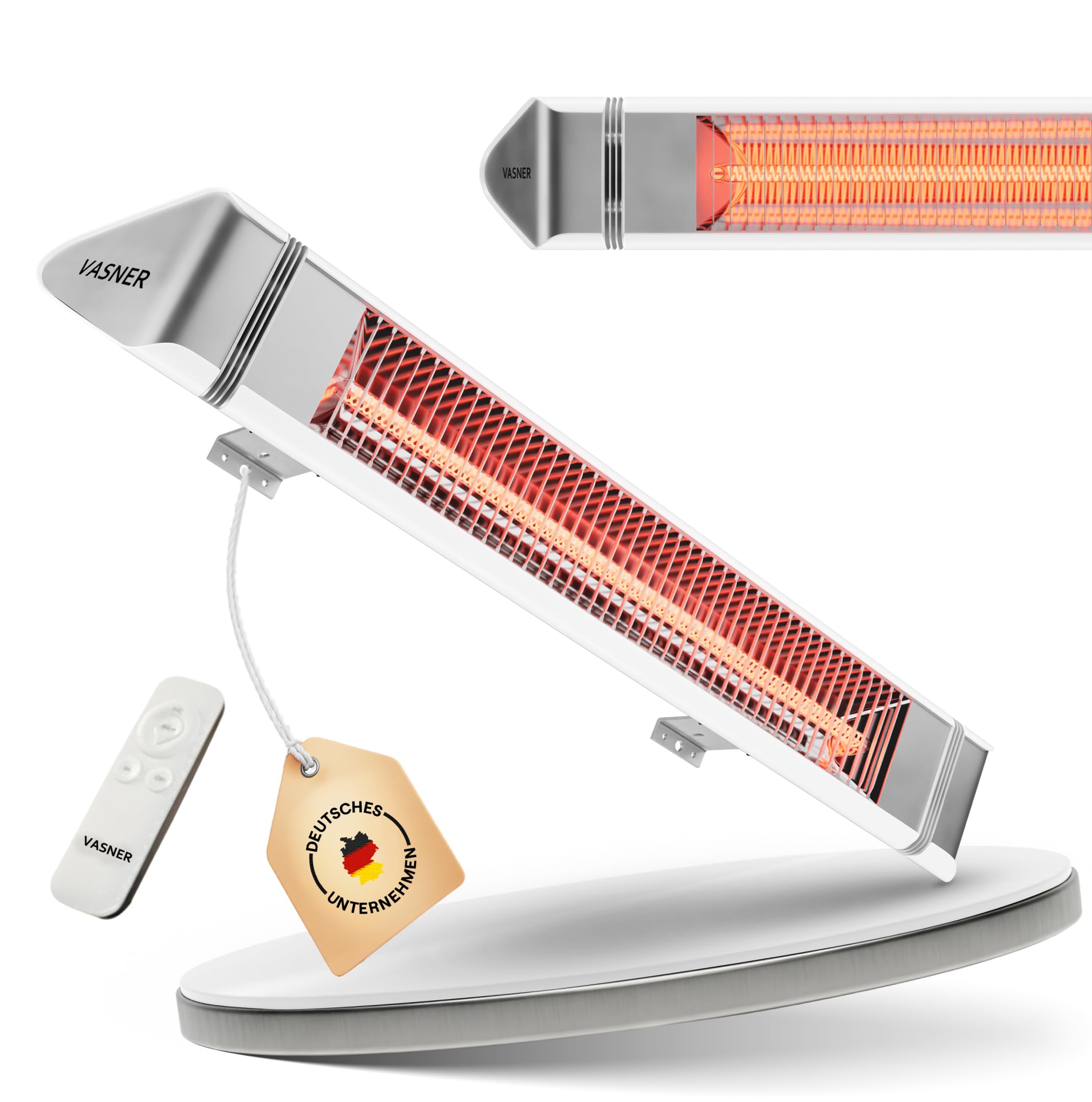 VASNER Teras 25 Infrarot Heizstrahler Terrasse - Terrassenstrahler 2500 W elektrisch - 4 Heizstufen Terassenheizer - Infrarotstrahler Terassenheizstrahler außen outdoor - Mit Fernbedienung (weiß)