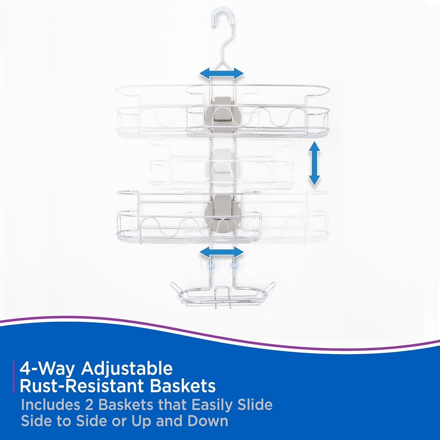 Kenney KN614124 Easy Slide 4-Way Adjustable Shower Caddy, 25.5" L x 12.25" W x 5" D Rust-Resistant Configurable Metal 2-Shelf Hanging Caddy with Soap Dish, Suction Cups and Razor Holders, Chrome