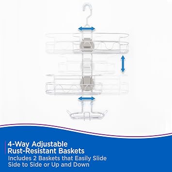 Kenney KN614124 Easy Slide 4-Way Adjustable Shower Caddy, 25.5 L x 12.25 W x 5 D Rust-Resistant Configurable Metal 2-Shelf Hanging Caddy with Soap Dish, Suction Cups and Razor Holders, Chrome