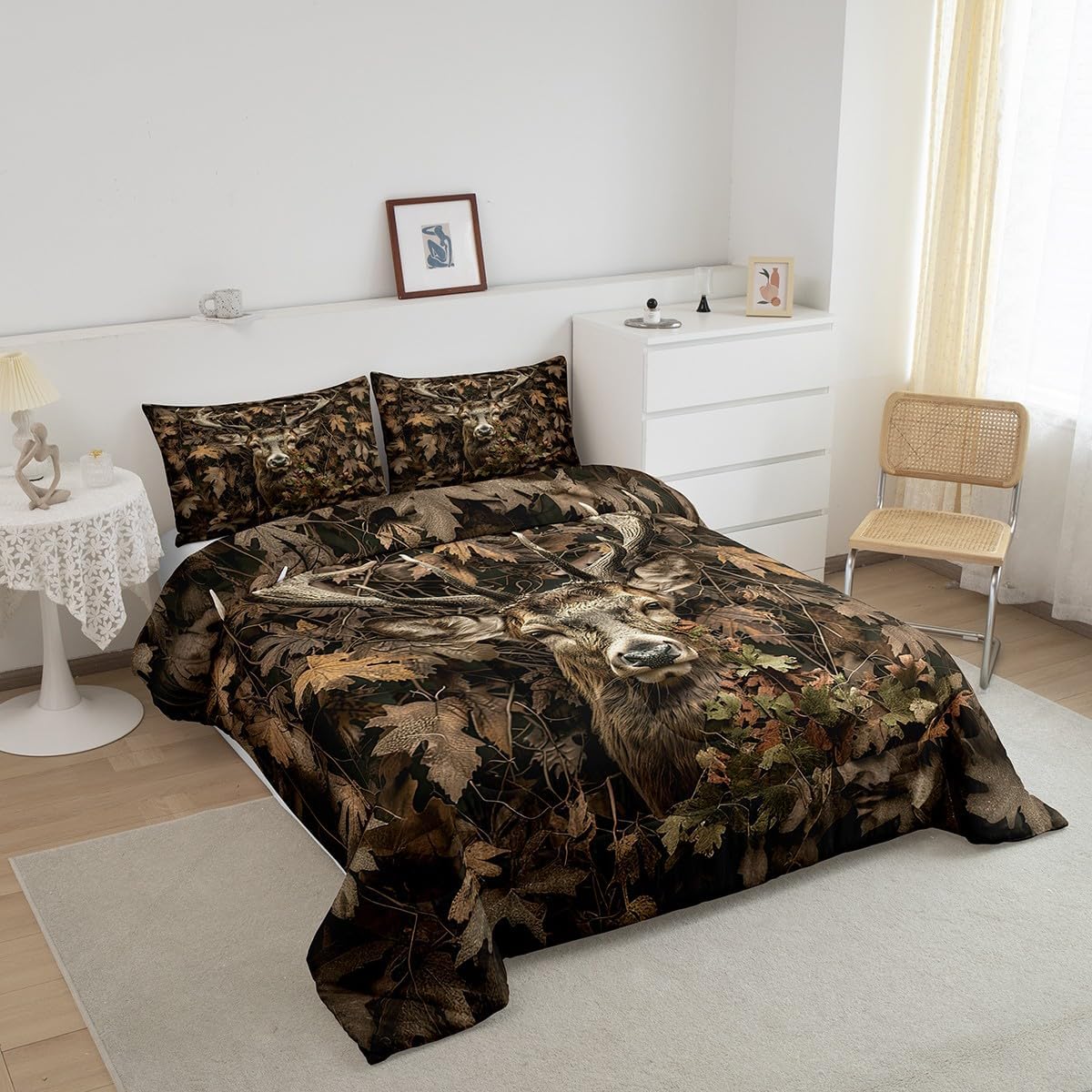 Feelyou Cute Deer Bedding Set Deer Hunting Comforter Set for Kids Boys Girls Teens Room Decor Camouflage Antlers Tree Branches Leaves Rustic Cabin Comforter Queen Size Brown Duvet Set 3Pcs