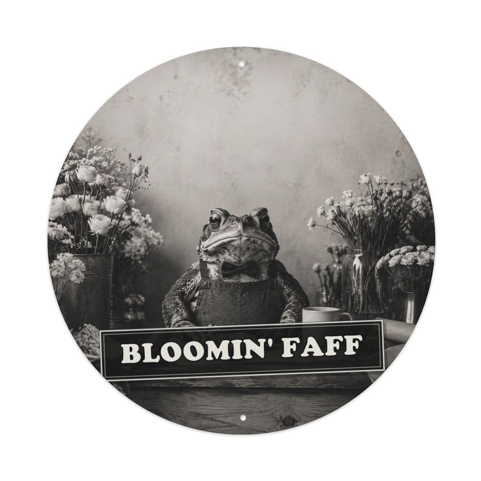 Fable Toad Florist Anthropomorphic Animal Social Satire Black Metal Tin Sign Plaque Wall Decor for Cafe, Man Cave, Club Bar, Office, Home Garden Round Metal Poster 8x8Inch