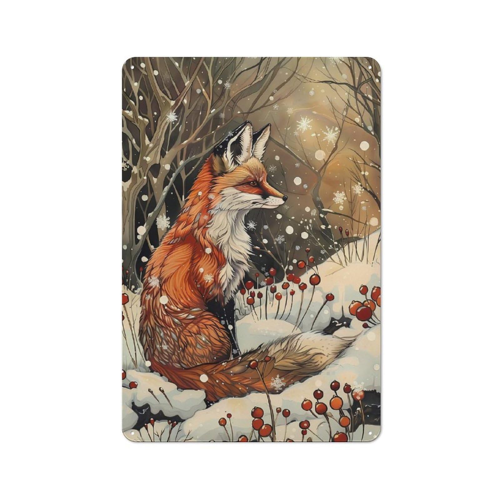 Junmoney Fox In Winter Wonderland Art Nouveau Tin Wall Plaque 30X20cm With For Living Room Or Hallway, For Garage, Workshop And Man Cave Decoration