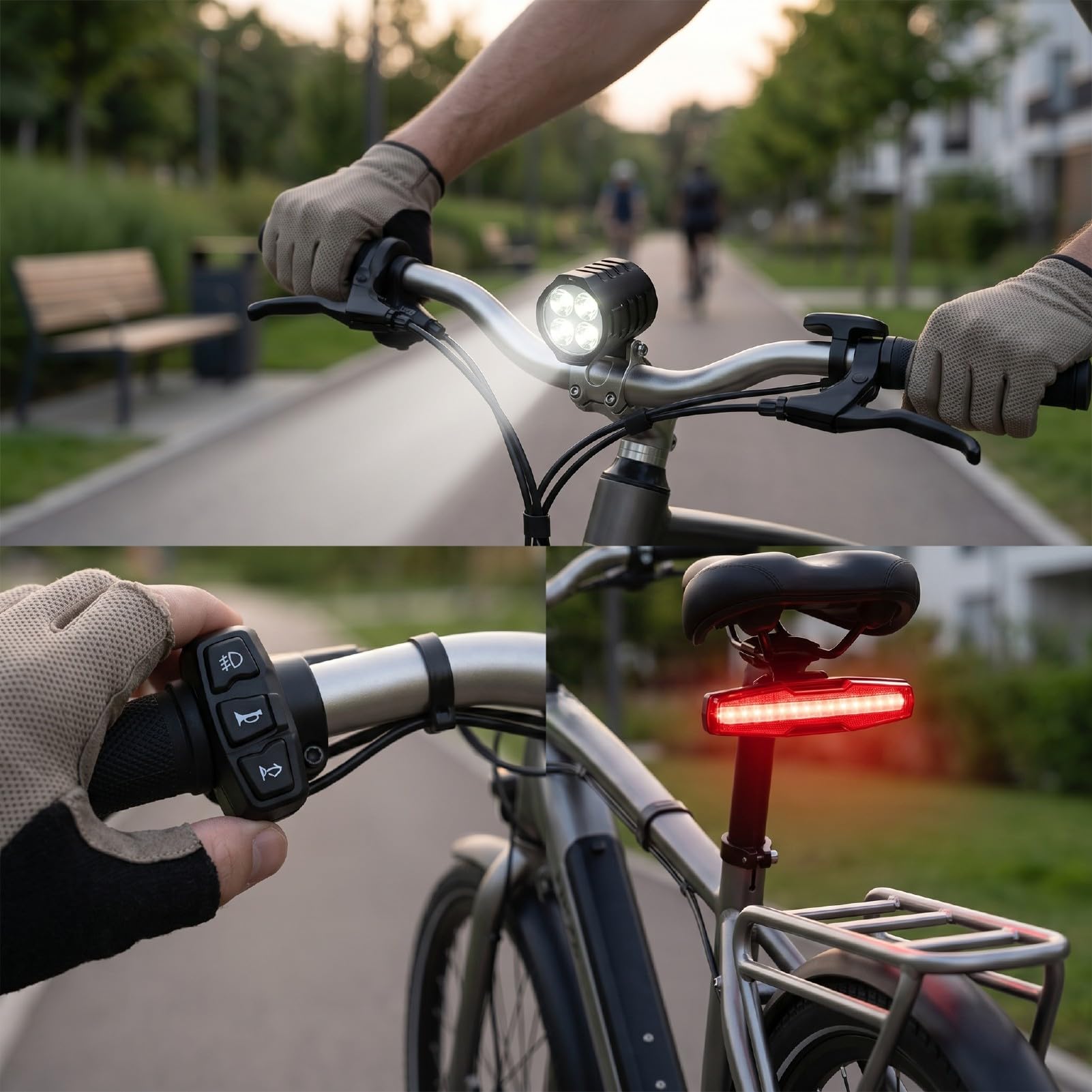 Cryfokt Juego de Luces para Bicicleta para Conducción Nocturna, Luz Trasera LED con Interruptor de Control del Manillar, 4 Potentes Bombillas LED, Juego de Luces para Bicicleta Eléctrica