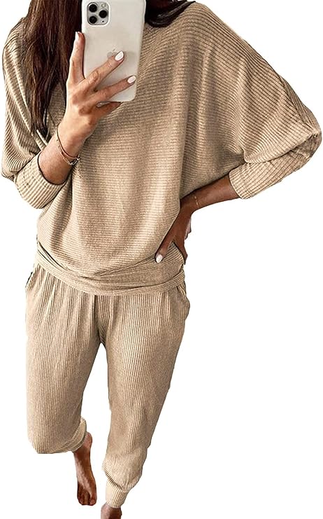 PRETTYGARDEN Women's Fall 2 Piece Lounge Set Long Sleeve Tops Ribbed Pants Spring Matching Sweatsuit Travel Outfits Clothes