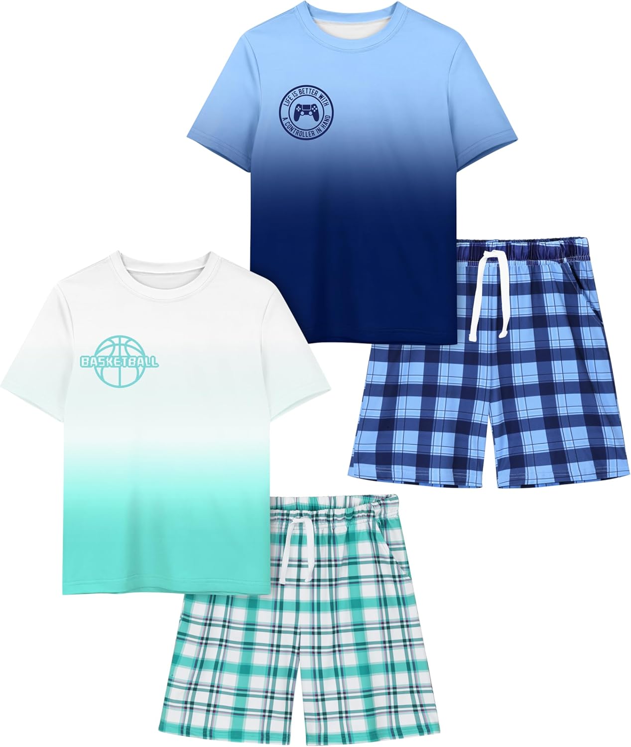 Cooraby Boys' 4-Piece Short Sleeve & Shorts Sets Soft Breathable Comfy Outfits Trendy Gradient & Plaid Camo Prints 8-18Years
