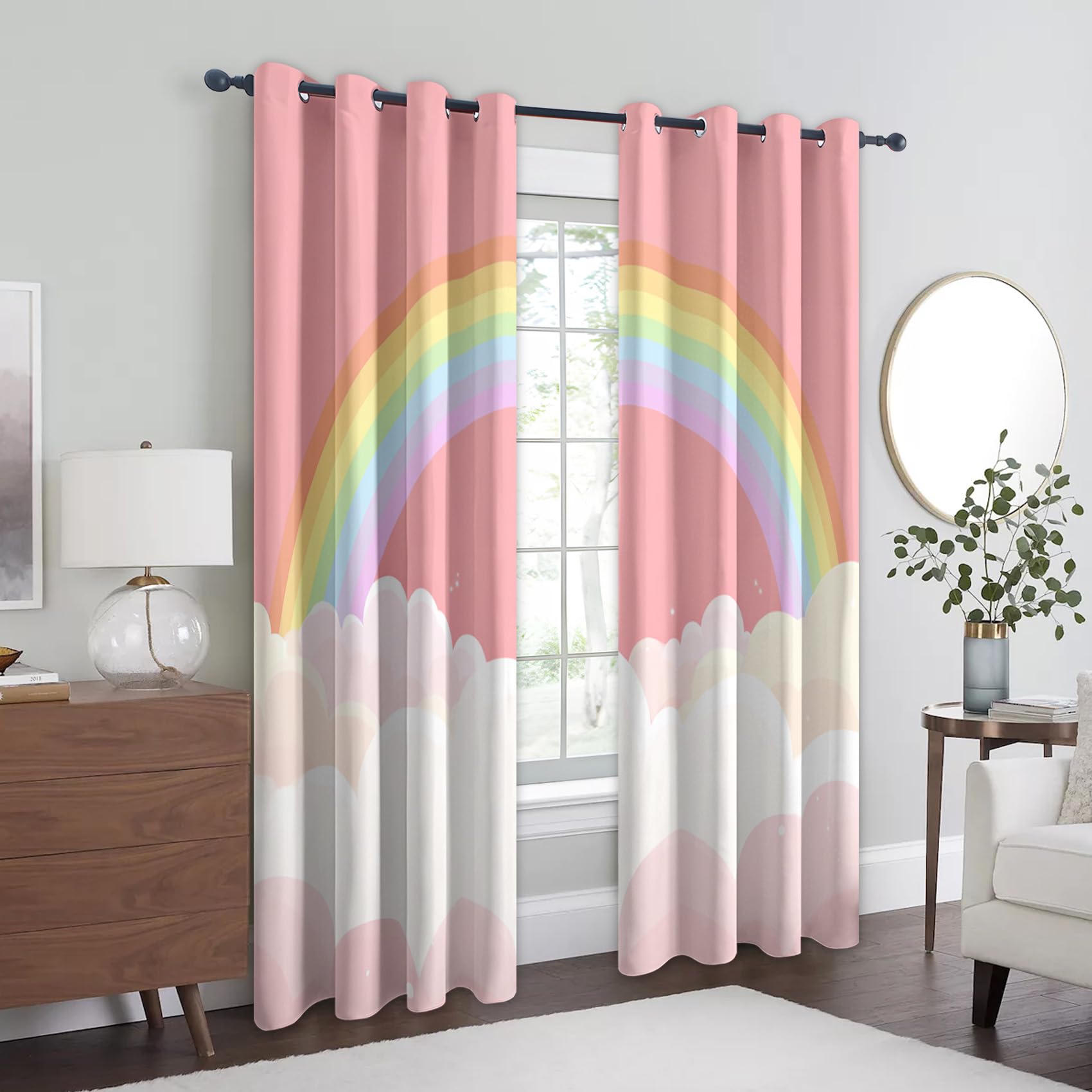 Générique Rideau Occultant Nuage Arcs en Ciel, 75 x 166(LxH) 2 Pieces, Opaque 95%, Motif Rose Mignon, Rideaux Fenetre Thermiques à Oeillets, Decoration Maison Salon Chambre CHE11